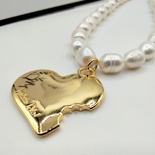 Gold and Pearl Bitten Heart Necklace Maldita Rita