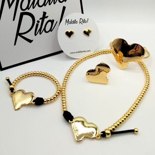 Gold and Black Cord Bitten Heart Necklace and Bracelet Maldita Rita