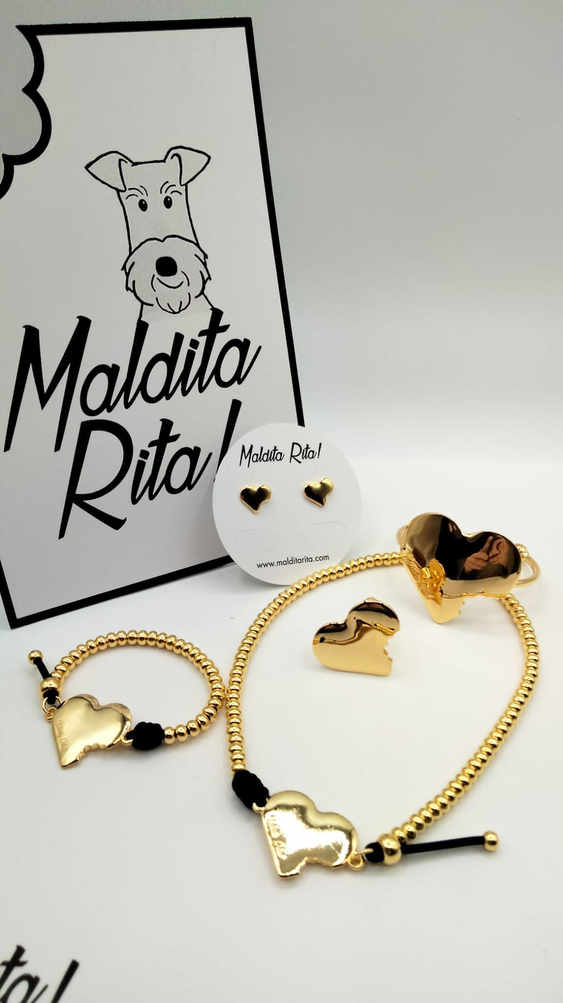 Gold and Black Cord Bitten Heart Necklace and Bracelet Maldita Rita