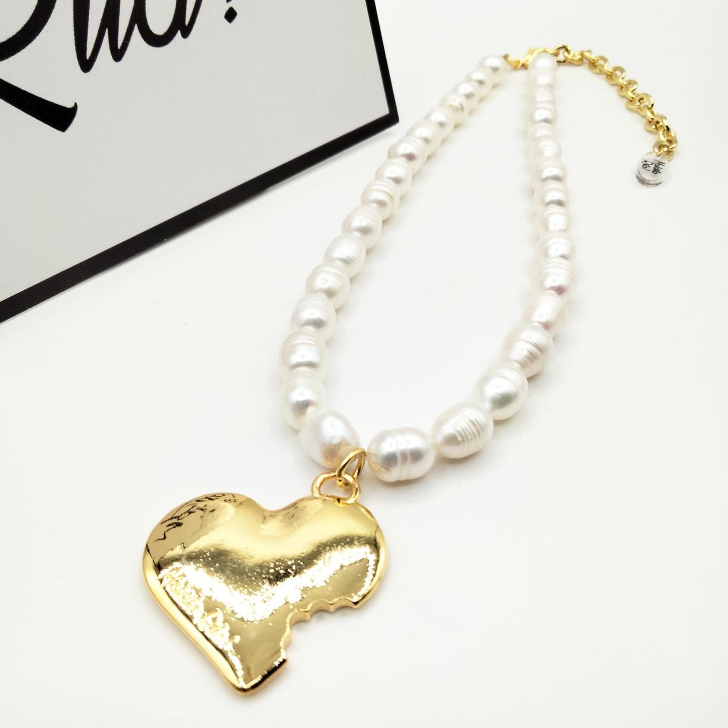 Gold and Pearl Bitten Heart Necklace Maldita Rita