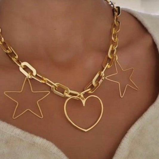 Gold Coolskin Heart and Star Silhouette Necklace
